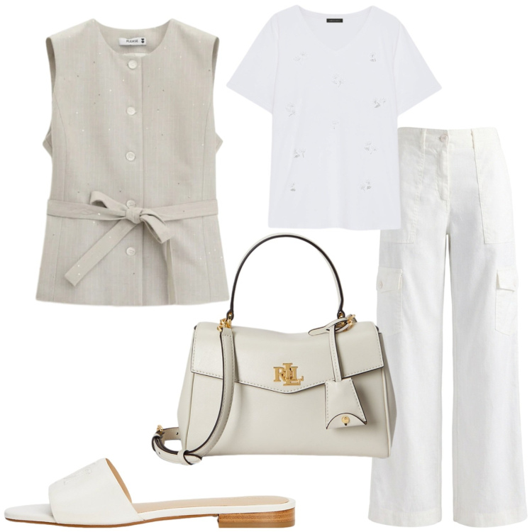 Outfit donna - Total look #2423671. Stile Casual chic per Tutti i giorni. Abbinamento con pantaloni cargo, gilet, t-shirt, ciabatte, borse a mano.