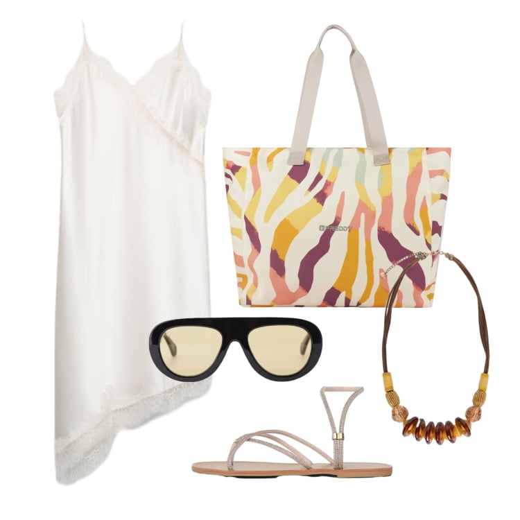 Outfit donna - Giugno. Stile Trendy per Tutti i giorni. Abbinamento con vestiti asimmetrici, sandali, occhiali da sole, shopping bag, collane.