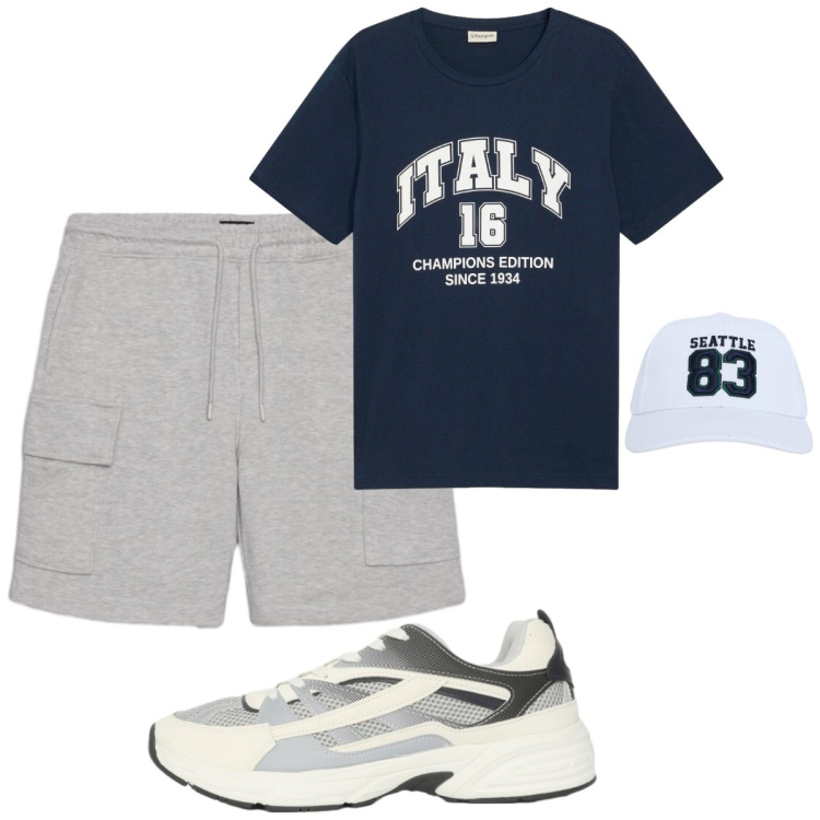Outfit uomo - Total look #2423682. Stile Casual per Sport. Abbinamento con t-shirt, bermuda, cappelli, sneakers.