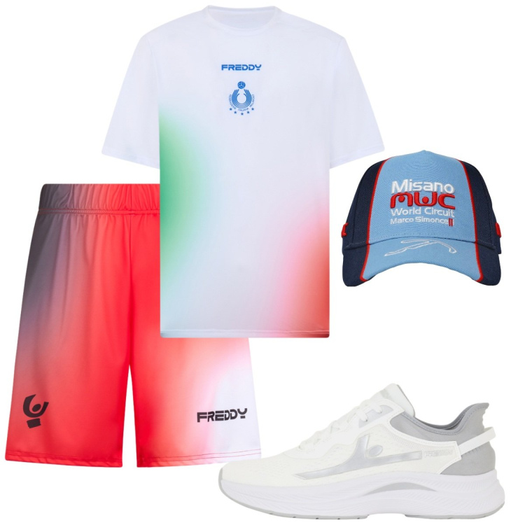 Outfit uomo - Total look #2423685. Stile Casual per Sport. Abbinamento con cappelli, t-shirt, sneakers, pantaloni corti.