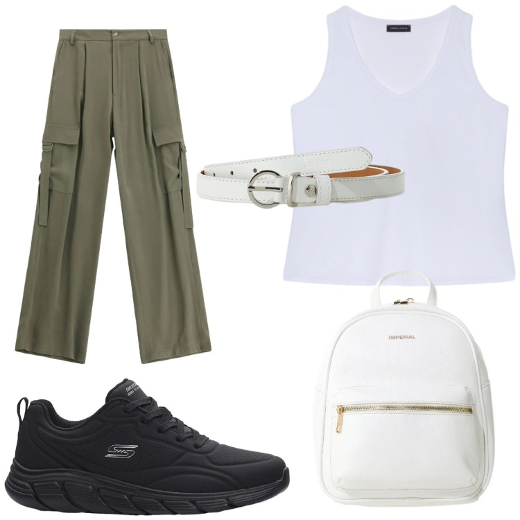 Outfit donna - Pantaloni cargo. Stile Military per Tutti i giorni. Abbinamento con sneakers, zaini, cinture, pantaloni cargo, canottiere.