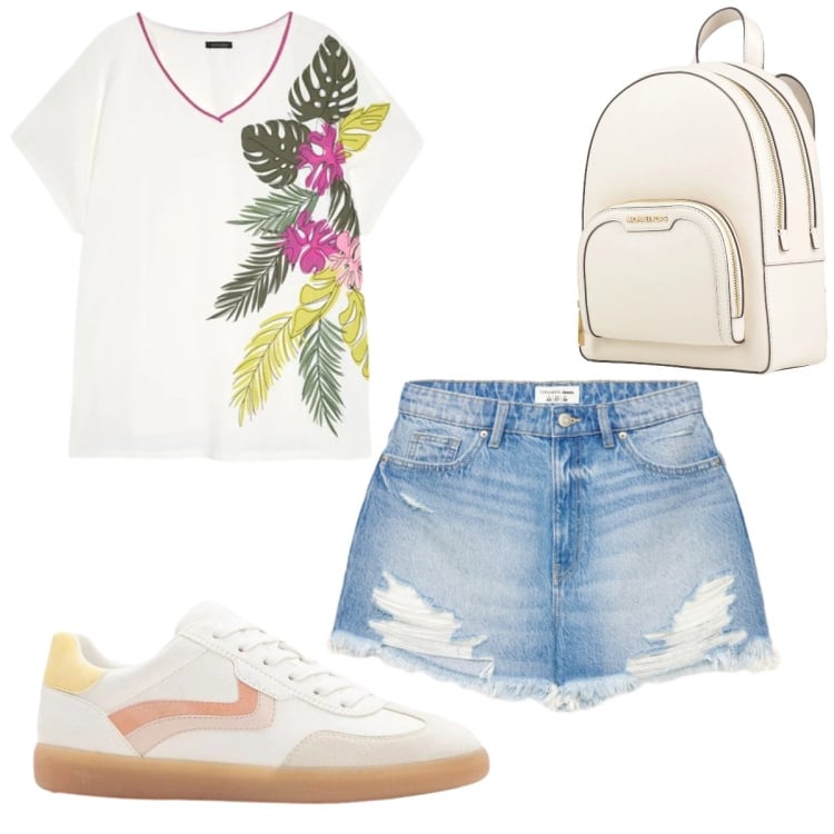 Outfit donna - T-shirt tropicale. Stile Basic per Tutti i giorni. Abbinamento con zaini, sneakers, shorts, t-shirt.