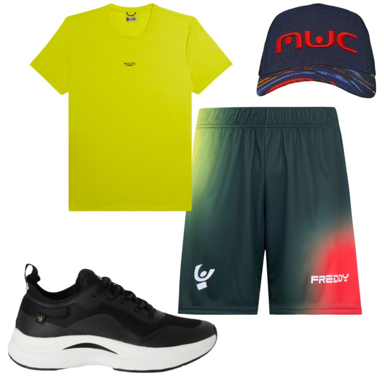 Outfit uomo - Total look #2423708. Stile Casual per Sport. Abbinamento con cappelli con visiera, sneakers, t-shirt, pantaloni corti.