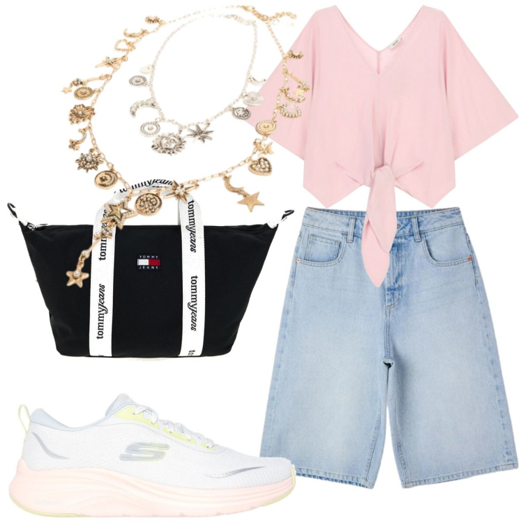 Outfit donna - Bermuda di jeans. Stile Urban per Tutti i giorni. Abbinamento con bermuda, bluse, ciondoli, shopping bag, sneakers.