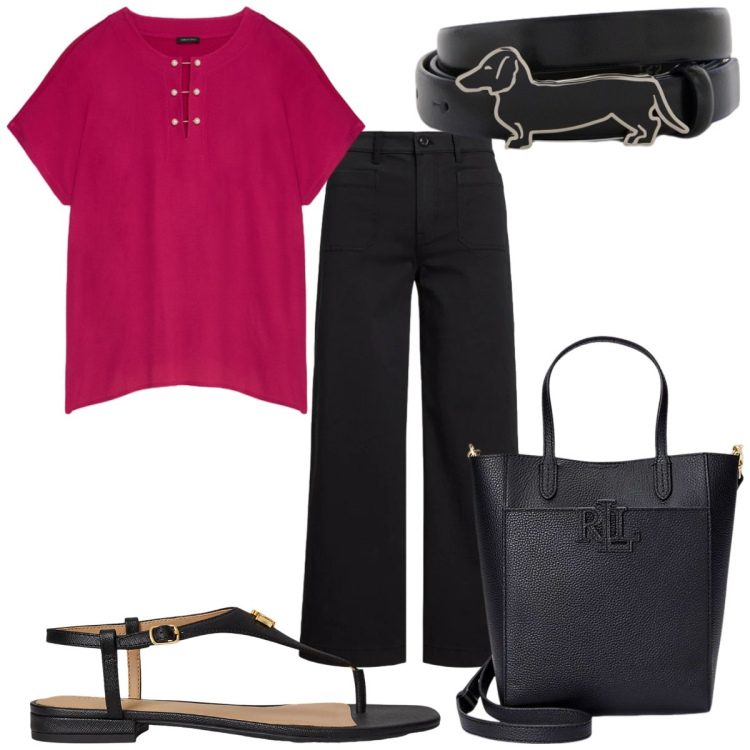 Outfit donna - Total look #2423715. Stile Trendy per Tutti i giorni. Abbinamento con cinture, t-shirt, borse tote, sandali in pelle, pantaloni.