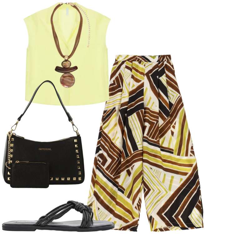 Outfit donna - City. Stile Casual chic per Tutti i giorni. Abbinamento con camicie a manica corta, borse a spalla, pantaloni a palazzo, sandali, ciondoli.