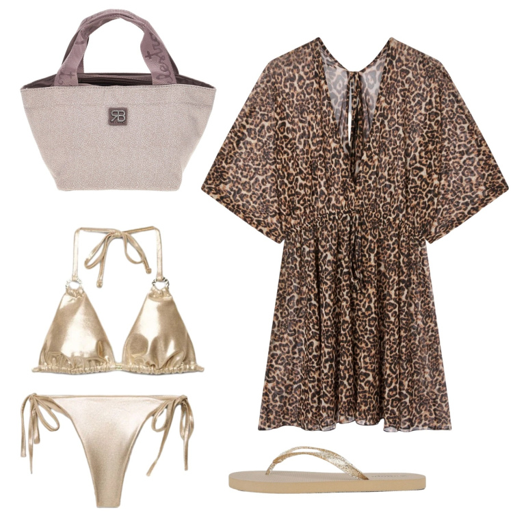 Outfit donna - In spiaggia. Stile Basic per Mare. Abbinamento con vestiti da spiaggia, infradito, bikini, bikini, borse a mano.