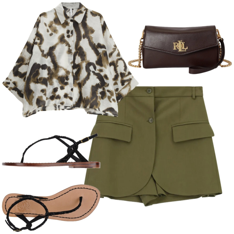 Outfit donna - City. Stile Casual chic per Tutti i giorni. Abbinamento con infradito, shorts, camicie, portafogli.