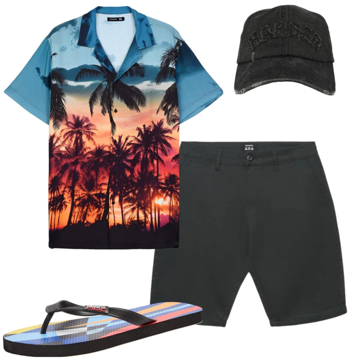 Outfit uomo - Total look #2423728. Stile Casual per Mare. Abbinamento con sandali, camicie a manica corta, cappelli con visiera, pantaloni corti.
