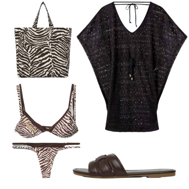 Outfit donna - Nero in spiaggia. Stile Chic per Mare. Abbinamento con vestiti da spiaggia, shopping bag, ciabatte, bikini, bikini.
