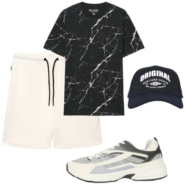 Outfit uomo - Total look #2423730. Stile Casual per Tutti i giorni. Abbinamento con sneakers, cappelli con visiera, pantaloni corti, t-shirt.