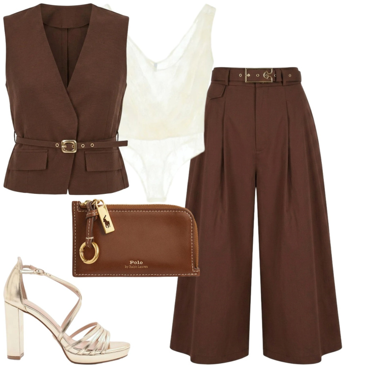 Outfit donna - Chic. Stile Chic per Cerimonia. Abbinamento con top, gilet, sandali col tacco, pantaloni capri, portafogli.