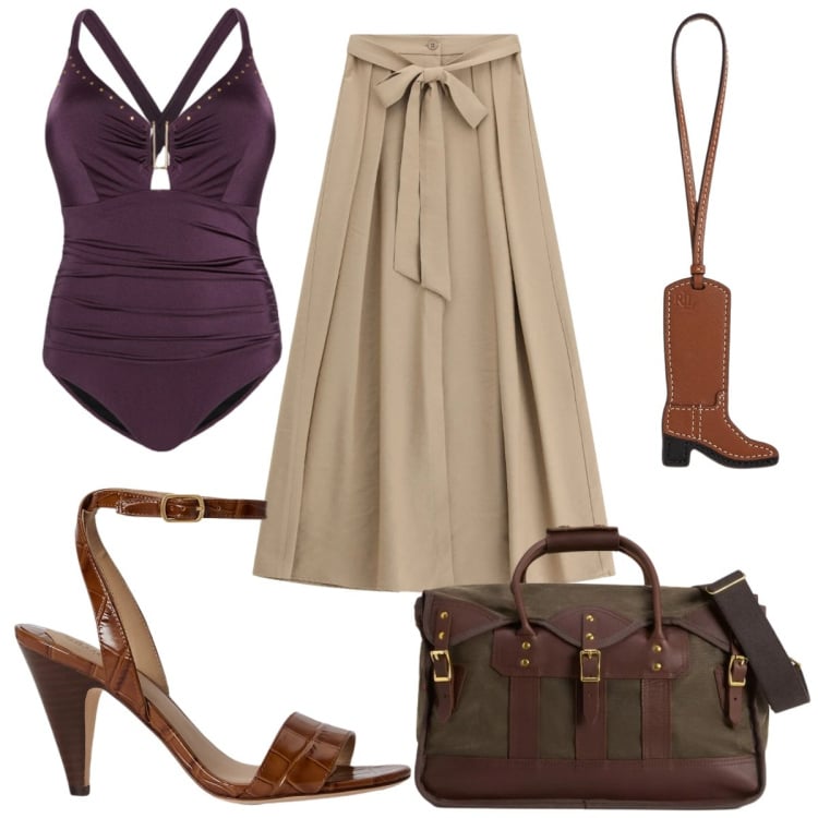 Outfit donna - Total look #2423732. Stile Etnico per Mare. Abbinamento con gonne lunghe, borse a tracolla, costumi interi, sandali in pelle, ciondoli.