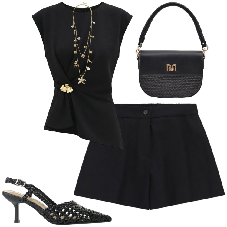 Outfit donna - Black. Stile Casual chic per Tutti i giorni. Abbinamento con collane, shorts, décolleté, top, borse a spalla.