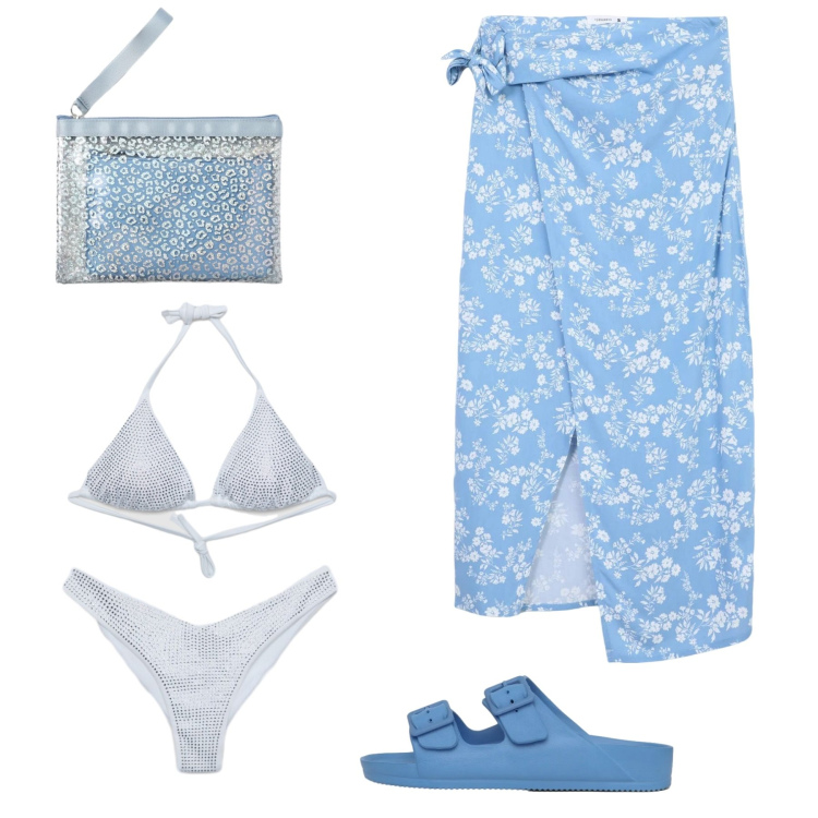 Outfit donna - Azzurro e argento. Stile Casual per Mare. Abbinamento con vestiti da spiaggia, pochette, ciabatte, bikini, bikini.
