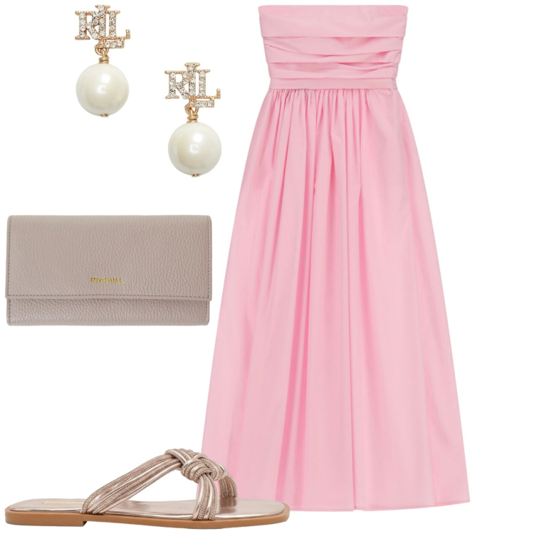 Outfit donna - Pink. Stile Casual chic per Tutti i giorni. Abbinamento con portafogli, vestiti midi/longuette, sandali, orecchini.