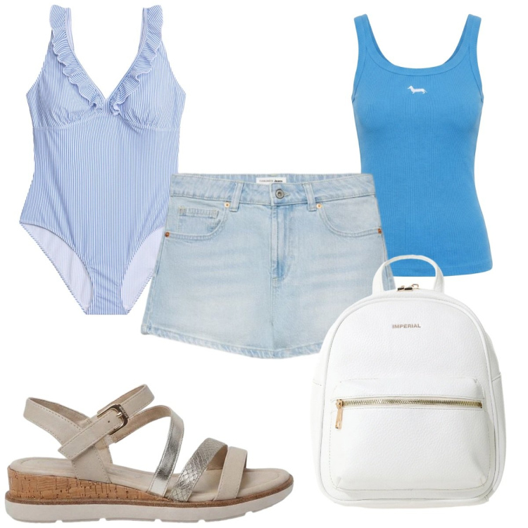 Outfit donna - Total look #2423745. Stile Basic per Mare. Abbinamento con sandali, costumi interi, shorts, canottiere, zaini.