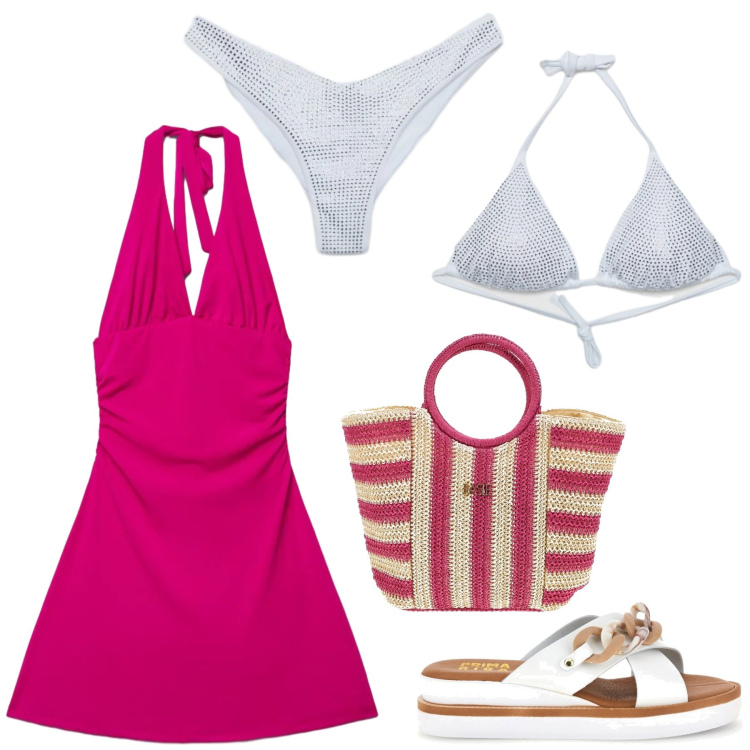 Outfit donna - Total look #2423750. Stile Casual per Mare. Abbinamento con vestiti corti, bikini, bikini, borse a mano, ciabatte.