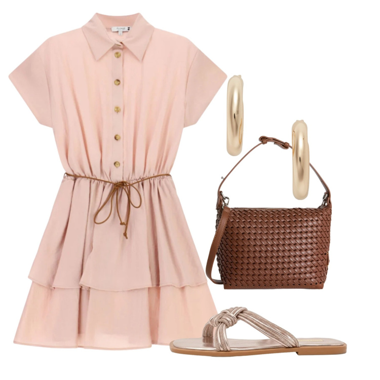 Outfit donna - Estate in stile naturale - Focus Donna. Stile Bon Ton per Tutti i giorni. Abbinamento con borse a spalla, vestiti corti, sandali, orecchini.