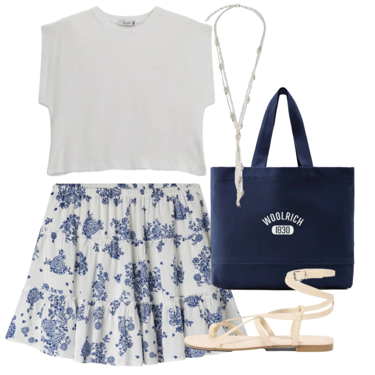 Outfit donna - Estate in stile naturale - Focus Donna. Stile Bon Ton per Tutti i giorni. Abbinamento con sandali, minigonne, top, borse tote, collane.