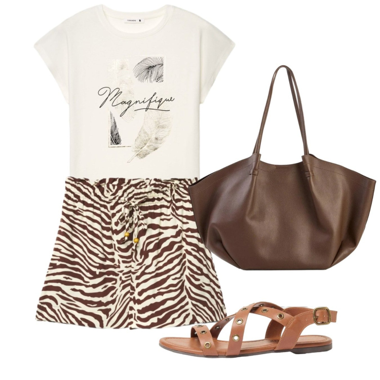 Outfit donna - Giugno. Stile Casual chic per Tutti i giorni. Abbinamento con shopping bag, sandali, t-shirt, shorts.