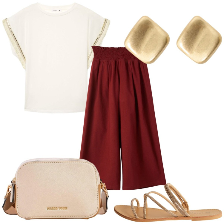 Outfit donna - Total look #2423755. Stile Trendy per Mare. Abbinamento con borse a tracolla, t-shirt, pantaloni culotte, sandali, orecchini.