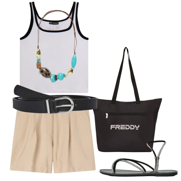 Outfit donna - Estate in stile naturale - Focus Donna. Stile Basic per Tutti i giorni. Abbinamento con cinture, shorts, sandali, canottiere, shopping bag, collane.