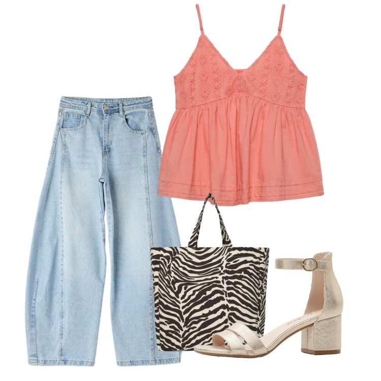 Outfit donna - Giugno. Stile Casual chic per Tutti i giorni. Abbinamento con sandali col tacco, shopping bag, canottiere, jeans.