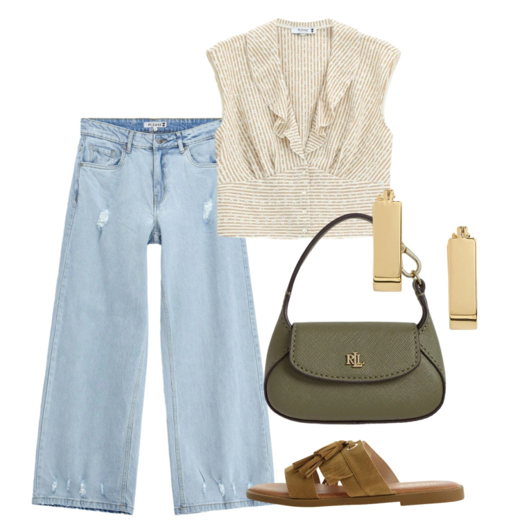Outfit donna - Estate in stile naturale - Focus Donna. Stile Casual per Tutti i giorni. Abbinamento con sandali, camicie, jeans, borse a mano, orecchini.