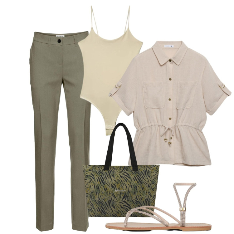 Outfit donna - Giugno. Stile Casual per Ufficio. Abbinamento con pantaloni, camicie a manica corta, sandali, canottiere, shopping bag.