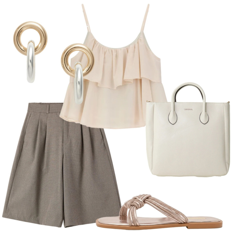 Outfit donna - Casual con il bermuda. Stile Casual per Tutti i giorni. Abbinamento con bermuda, borse a tracolla, top, sandali, orecchini.