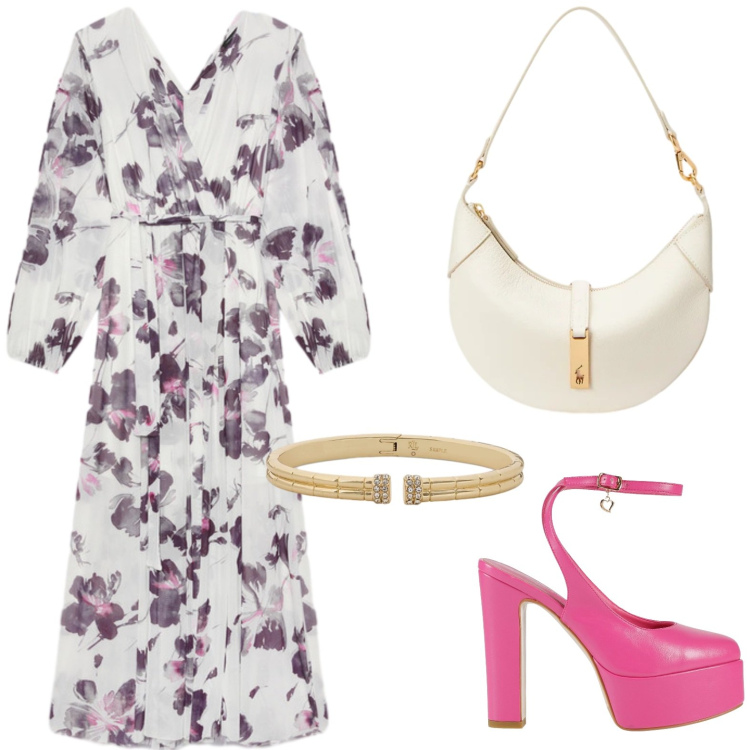 Outfit donna - Estate in stile naturale. Stile Chic per Tutti i giorni. Abbinamento con décolleté, vestiti lunghi, borse a spalla, braccialetti.