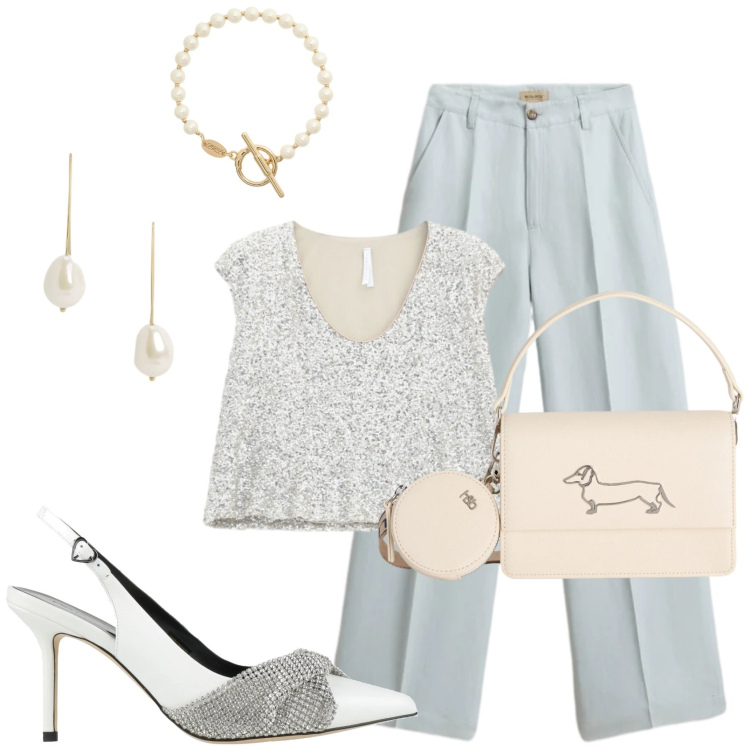 Outfit donna - Sobria Cerimonia. Stile Casual chic per Cerimonia. Abbinamento con décolleté, borse a tracolla, top, pantaloni, orecchini, braccialetti.