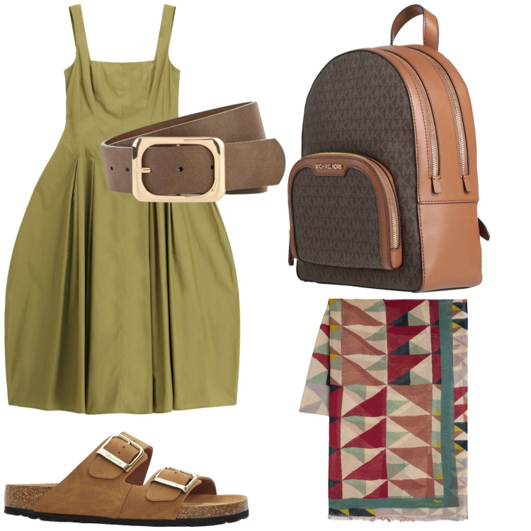 Outfit donna - Il tuo outfit per una gita fuori porta. Stile Glamour per Tutti i giorni. Abbinamento con zaini, ciabatte, cinture, sciarpe, vestiti midi/longuette.