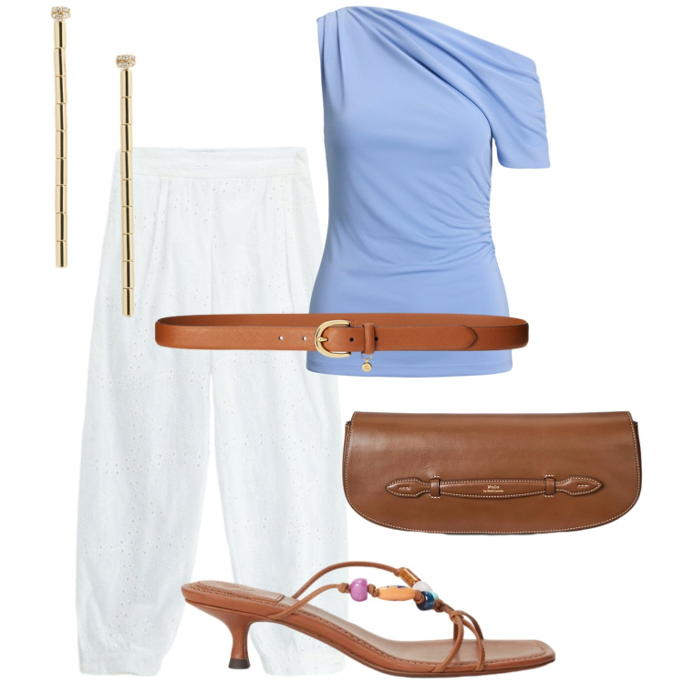 Outfit donna - Glamour in estate. Stile Glamour per Tutti i giorni. Abbinamento con pantaloni, clutch, top, sandali gioiello, orecchini, cinture.