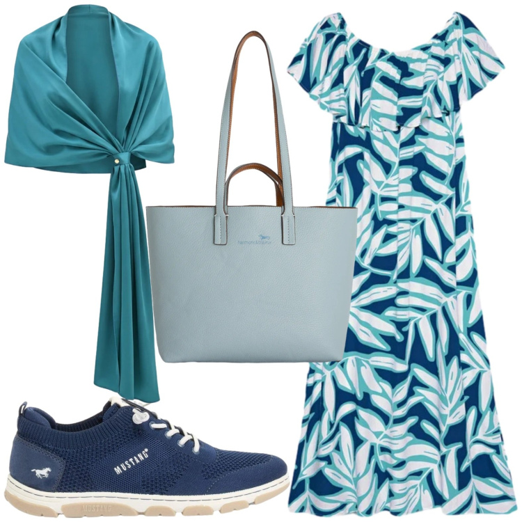 Outfit donna - Stampe tropicali. Stile Glamour per Tutti i giorni. Abbinamento con sneakers, shopping bag, stole, vestiti lunghi.