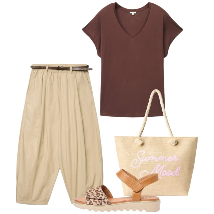Outfit donna - Estate in stile naturale - Focus Donna. Stile Bon Ton per Tutti i giorni. Abbinamento con sandali, pantaloni, borse tote, t-shirt.