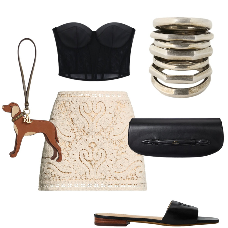 Outfit donna - Aperitivo d’estate. Stile Chic per Serata fuori. Abbinamento con minigonne, top, ciabatte, clutch, anelli, ciondoli.