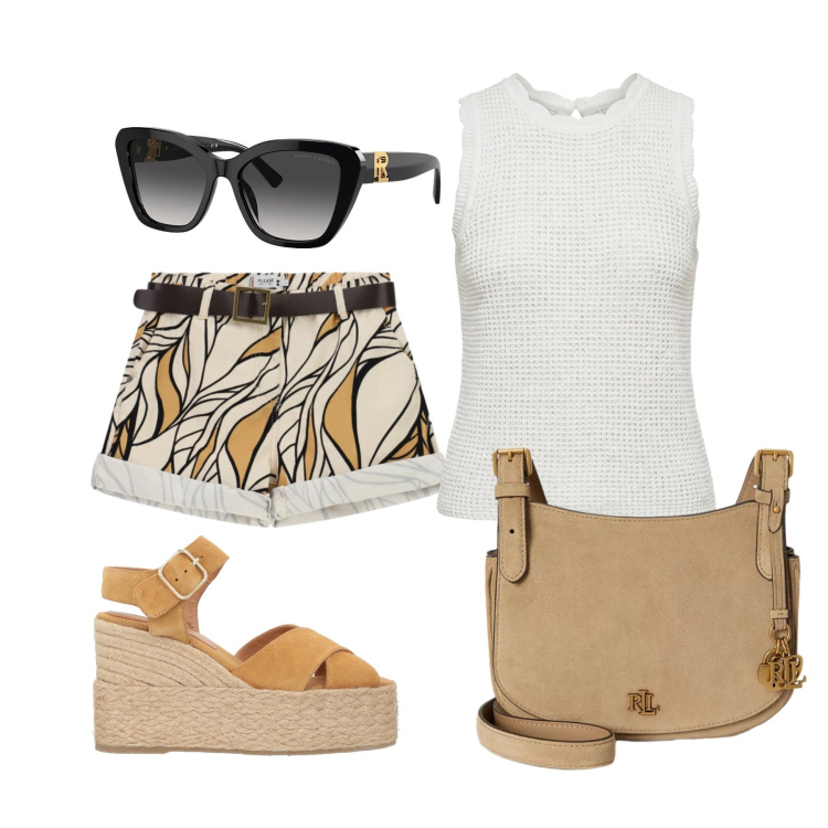 Outfit donna - Giugno. Stile Casual chic per Tutti i giorni. Abbinamento con espadrillas, shorts, canottiere, occhiali da sole, borse a tracolla.