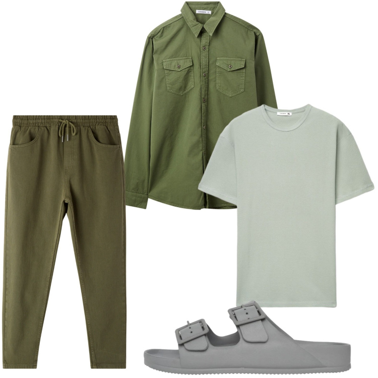 Outfit uomo - Contemporaneo. Stile Casual per Tutti i giorni. Abbinamento con camicie, pantaloni, sandali, t-shirt.