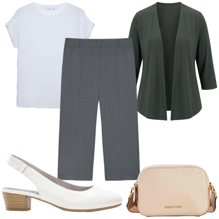 Outfit donna - Total look #2423780. Stile Minimal per Ufficio. Abbinamento con décolleté, borse a tracolla, t-shirt, pantaloni, blazer.