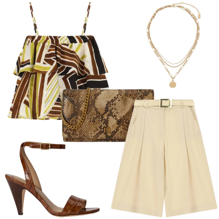 Outfit donna - In città. Stile Casual per Tutti i giorni. Abbinamento con bermuda, top, ciondoli, borse a tracolla, sandali in pelle.