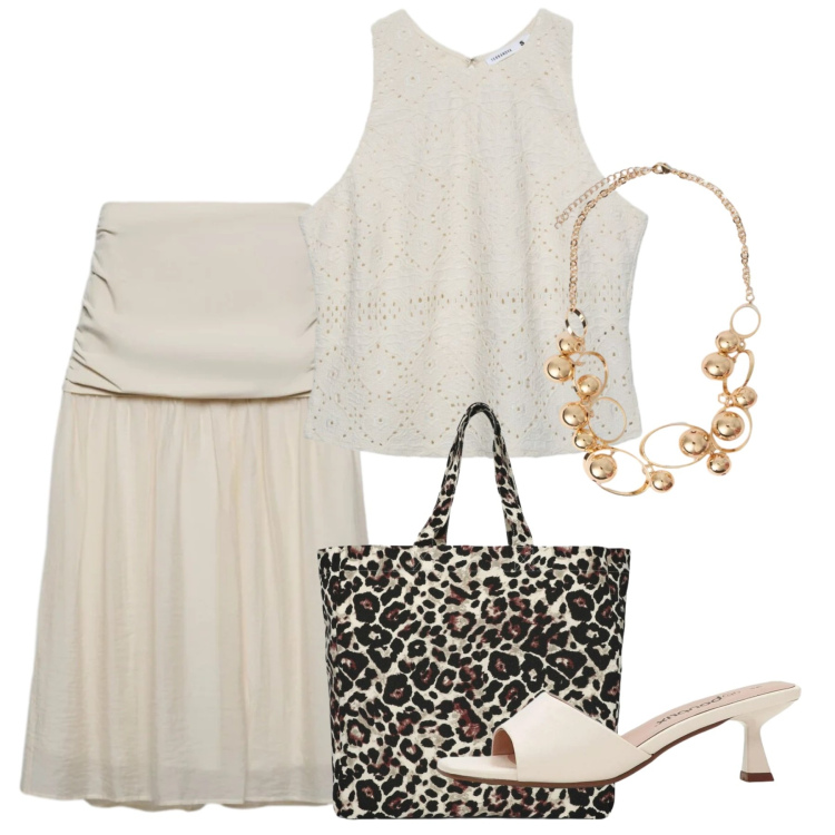 Outfit donna - Estate in stile naturale - Focus Donna. Stile Chic per Tutti i giorni. Abbinamento con sandali, gonne longuette, shopping bag, top, collane.