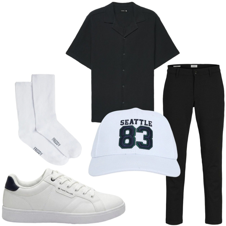 Outfit uomo - Stile casual sportivo. Stile Casual per Tutti i giorni. Abbinamento con pantaloni chino, sneakers, cappelli, camicie a manica corta, calzini.