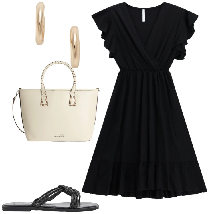 Outfit donna - City. Stile Casual chic per Tutti i giorni. Abbinamento con shopping bag, vestiti corti, sandali, orecchini.