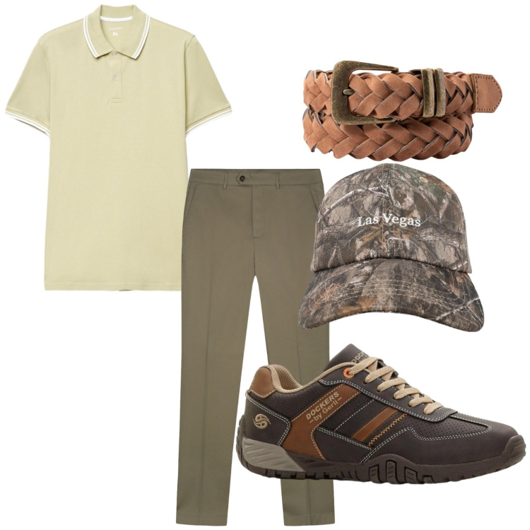 Outfit uomo - Polo perfetta. Stile Trendy per Tutti i giorni. Abbinamento con sneakers, polo, cappelli con visiera, pantaloni, cinture.