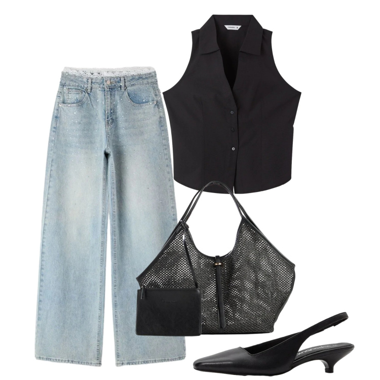 Outfit donna - Giugno. Stile Casual chic per Ufficio. Abbinamento con shopping bag, décolleté, top, jeans.
