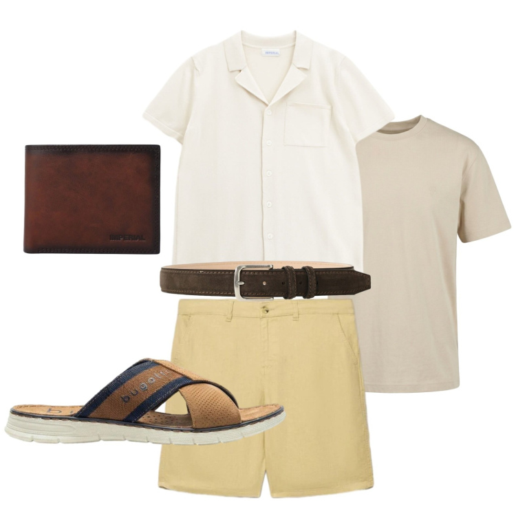Outfit uomo - Stile estivo. Stile Casual per Tutti i giorni. Abbinamento con sandali, t-shirt, shorts, camicie a manica corta, portafogli, cinture.