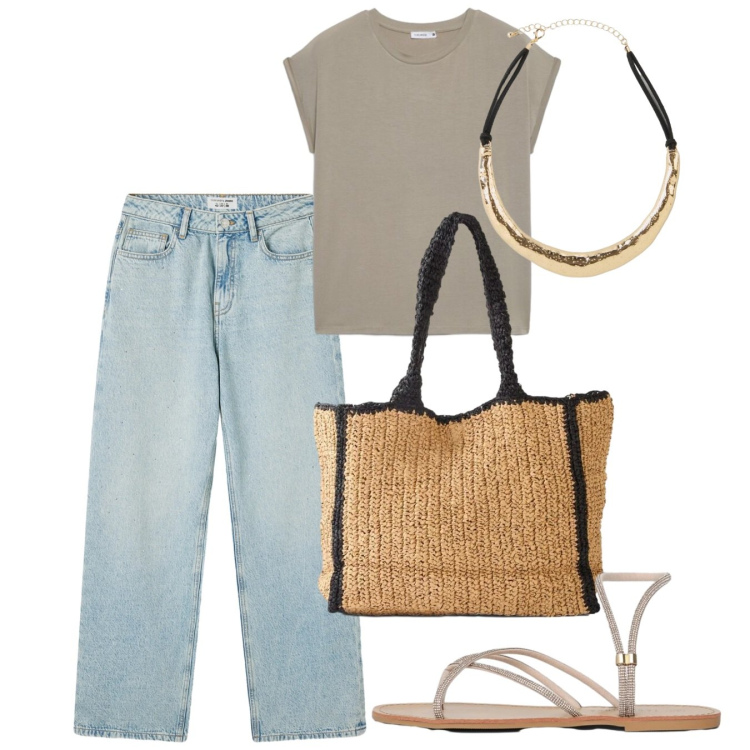 Outfit donna - Giugno. Stile Casual per Tutti i giorni. Abbinamento con collane, shopping bag, jeans, sandali, t-shirt.
