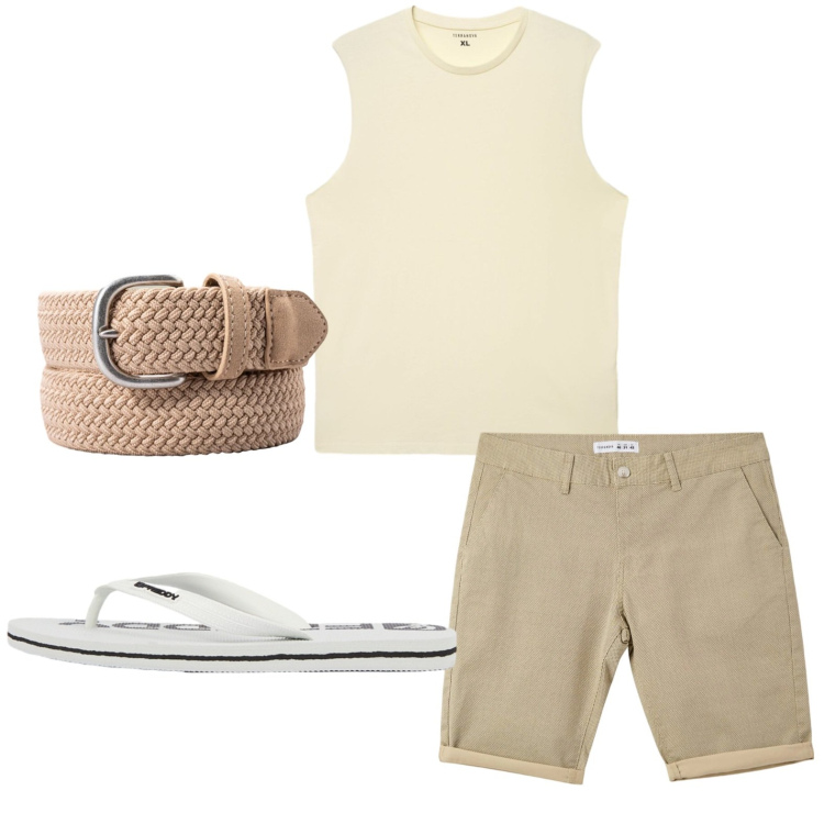 Outfit uomo - Tessuti chiari. Stile Casual per Tutti i giorni. Abbinamento con pantaloni corti, canottiere, sandali, cinture.